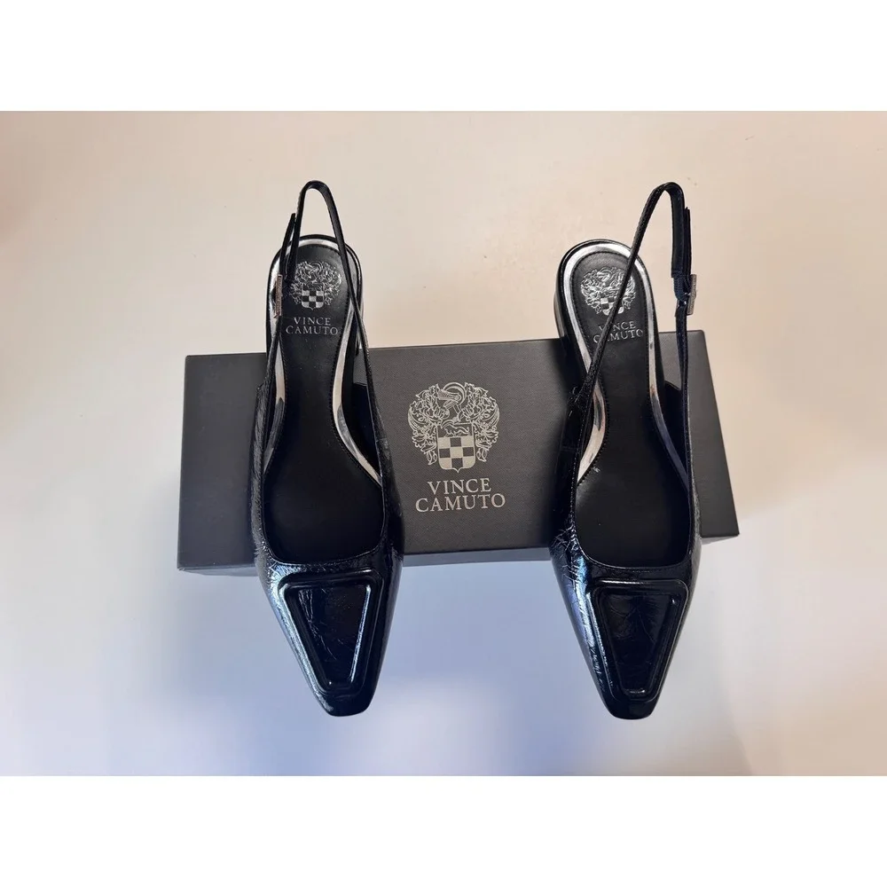 Vince Camuto Savvy Jet‎ Black Patent Croc Slingback Heels Shoes Size 5.5M